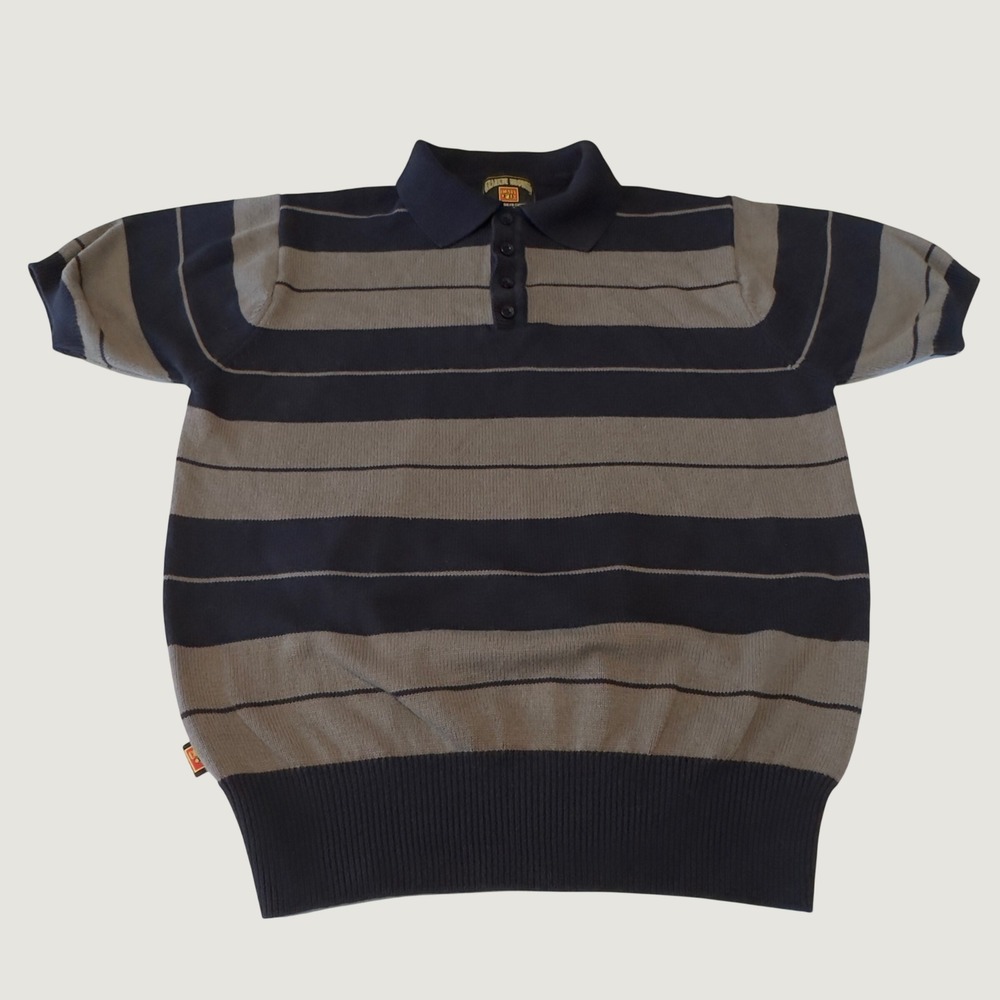FB County Charlie Brown Navy Grey Striped Knit Polo Shirt Mens Med Short Sleeve